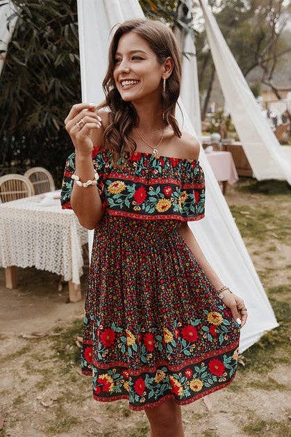 Boho Print Cut Ruffle Accented Pleated Short Dress
